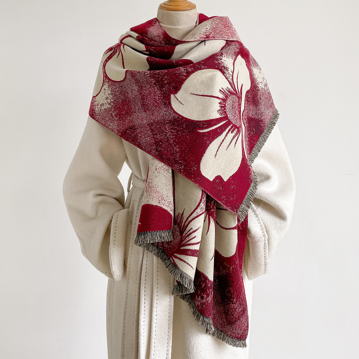 Pashmina Wrap Large - 여성용 인조 캐시미어 스카프 프린지 두꺼운